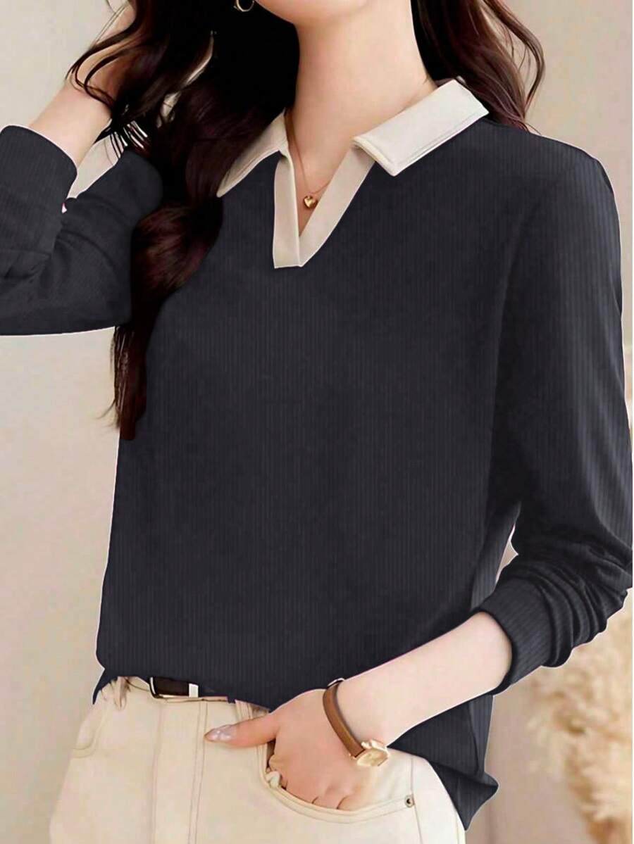 Áo thun dài tay cổ polo nữ, mẫu mới năm 2025, thời trang thường ngày, thích hợp cho mùa thu xuân.