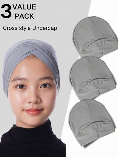 3 件装双层交叉头巾内衬帽套装，纯色阿拉伯头巾内衬帽，全覆盖，弹力透气，贴合舒适，日常穆斯林头巾头饰套装