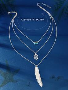 1pc New Bohemian Style Turquoise Leaf & Feather Pendant Multilayer Necklace, Suitable For Summer Holiday Wear - Silver - View 3