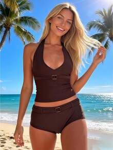Women's Summer Tankini Swimsuit Set Fashionable Solid Color Halter Tops With Micro Shorts 2Pcs Bathing Suit - Coffee Brown - View 1