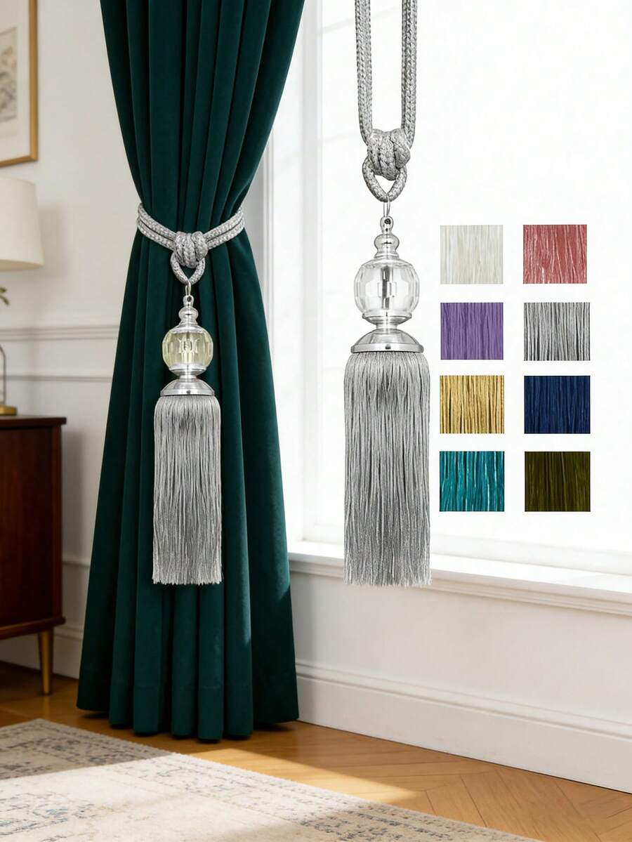 2pcs Luxury Crystal Pendant Tasseled Tie-Back Curtain Decor, Multi-Color Options, Suitable For Curtain Fixing And Decoration - 2pcs - View 1