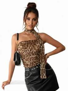 Women's Cheetah Print Tube Tops Mesh Sleeveless Strapless Leopard Slim Fit Ruched Cropped Tanks With Scarf - 深棕色 - 查看 7