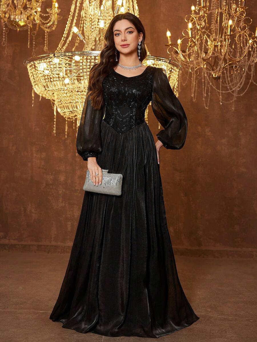 SUPGIR 女士 V 领亮片拼接喇叭袖修身雪纺优雅晚礼服 - 黑色 - 查看 1