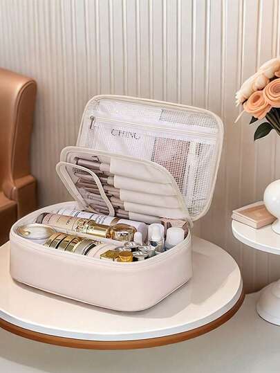 1pc Holiday & Travel Cosmetic Organizer Bag, Multi-Functional Makeup Bag, Waterproof Bathroom Cosmetic Pouch, Makeup Bag, PVC Toiletry Bag, Makeup Storage Bag, Cosmetic Storage Bag, Handbag, Organizing Storage Bag, Essential Makeup Brush Holder Bag For Women In Autumn/Winter