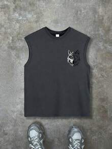 青少年男童街头风无袖T恤，狼头图案，几何元素点缀，宽松背心，适合滑板、周末休闲、街头风、日常休闲穿着 - 深灰色 - 查看 2