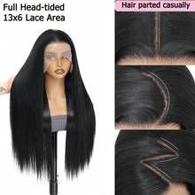 28英寸长柔软直发黑色卡尼卡隆合成耐热纤维13x6高清蕾丝前假发，带预先拔毛的婴儿发，无需胶水 - 彩色 - 查看 7