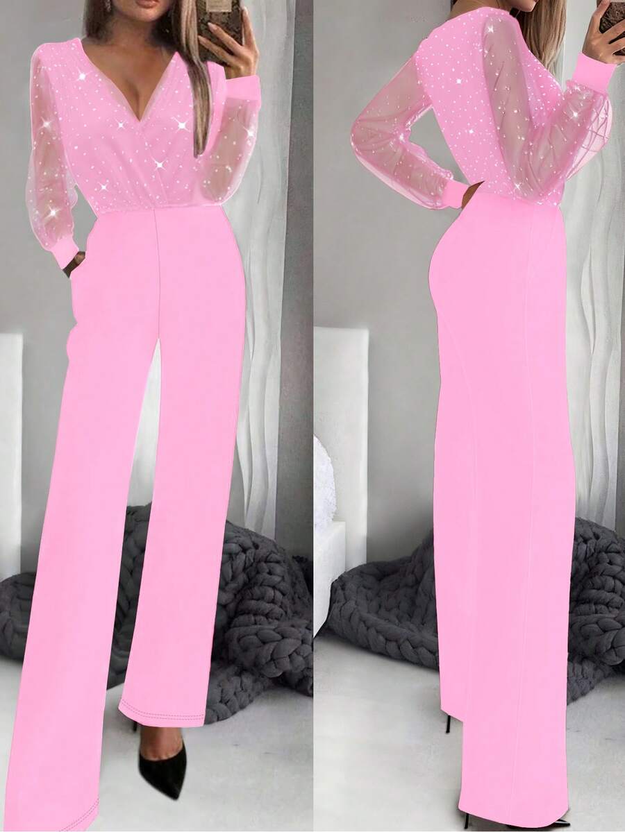 Women's Sexy Black Sequin Mesh Jumpsuit With Deep V-Neck Pink Elegant - Pink - View 1