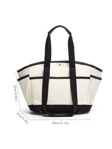 Large Capacity Tote Bag, Black & White Patchwork Canvas Handbag, Multi-Functional Compartment Lunch/Bento Box Bag - Multicolor - View 8
