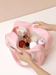 1/3pcs Fashion PU Transparent Toiletry Bag, With Handheld Grooming Organizer, Zipper Closure Cosmetic Pouch, Ideal For Daily Use, Outdoor Travel, Swimming, Fitness, Travel Accessories, Bathroom Supplies, Makeup Lovers, Perfect Gift For Valentine's Day/Mother's Day (Pink) - Multicolor - View 5