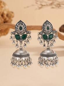 一对优雅的波西米亚风水滴形耳环，镶嵌水钻，饰有铃铛和流苏，适合女性和女孩日常佩戴，也适合节日、婚礼和派对等场合/珠宝礼品 - Jhumka - 查看 7