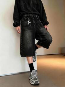 1Pc Of Korean Style Simple Casual Baggy Wide-Leg Shorts,American High-Street Washed Distressed Black Baggy Wide-Leg Bermuda Denim Shorts( Not Include Belt And Accessories) - Black - View 6