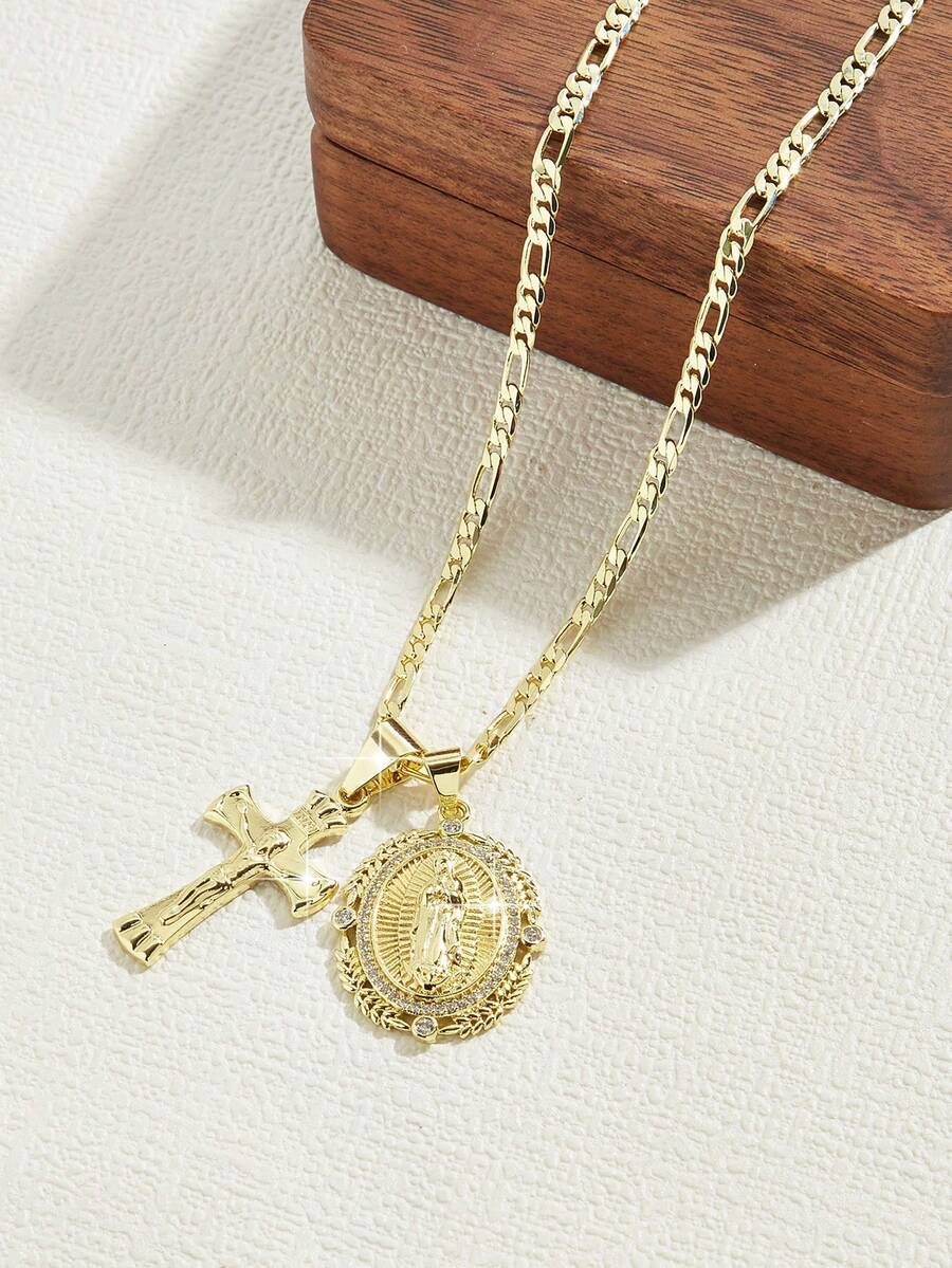 14K镀金圣母玛利亚奖章和耶稣十字架双吊坠项链,24英寸费加罗链,宗教信仰珠宝,女士礼物,节日、祝福、派对 - 項鍊 - 查看 1