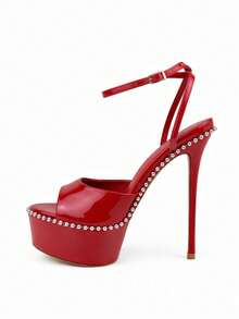 So Me Soren Peep Toe Stilleto Women's Hight Heel Platform With Stud Details And Ankle Strap. - 紅色 - 查看 3