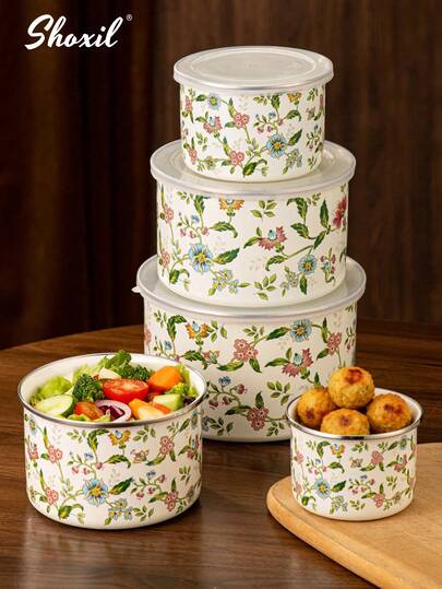 shoxil 5件套带盖嵌套式储物碗套装，搅拌碗套装，花鸟印花珐琅沙拉蔬菜水果备料碗，金属备料碗，适用于烘焙、准备、烹饪和盛放食物，适合家庭/聚会/餐厅/露营/野餐