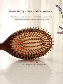 1把檀香木气垫按摩发梳，椭圆叶纹理图案长柄设计，女士美发头皮按摩梳 - 棕色 - 查看 10