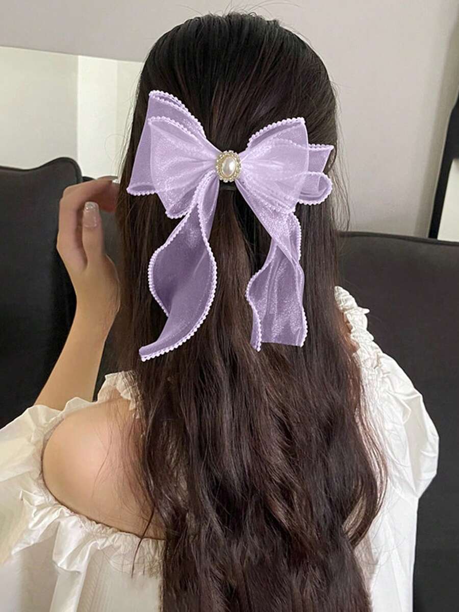 1 pieza Clip para el cabello con mariposa de cinta de malla con perlas falsas y rhinestones, clip de lazo de doble capa para cola de caballo, pinzas para el cabello, pasador, horquilla, accesorios - Púrpura malva - Ver 1