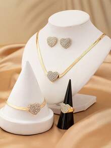 5pcs/Set Elegant Metallic Heart Shaped Rhinestone Pendant Necklace, Bracelet, Earrings, Ring Jewelry Set, Suitable For Teenage Girls Daily & Festival Wear - Yellow Gold - View 4