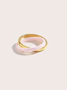 1pc 18K Gold Plated Stainless Steel Ceramic Cubic Zirconia Ring, Women's Jewelry, Wedding Party Date Gift - Pink and Gold - View 5