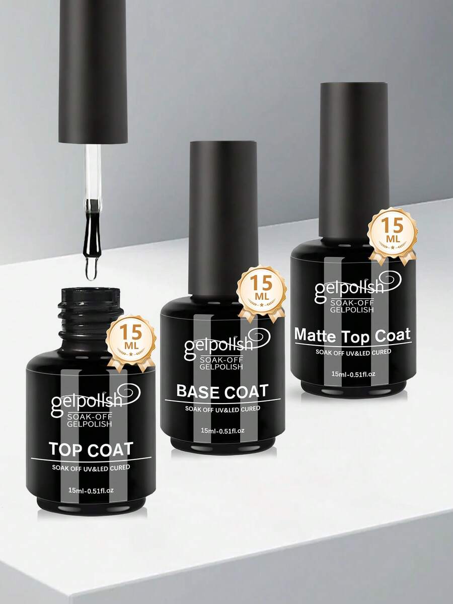 GELPOLISH 3pcs/Set 15ml Spring & Summer Base Coat, Glossy Top Coat And Matte Top Coat Nail Polish Set, Long-Lasting Shine, No Wipe Top Coat, Suitable For LED Lamp Curing, DIY Nail Art Design, Valentine's Day Gift For Her - 無色 - 查看 1