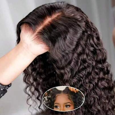 5"X5" High Definition Lace Frontal Wig & 13"X4"/13"X6" High Definition Transparent Natural Black Fluffy Curly Wig, 200% Density Human Hair Blend Wig - Instant Wear No Glue Needed - Brazilian Virgin Hair Wig, Glueless Frontal Design, Baby Hair, Multiple Sizes, Perfect Fit For Women, Natural Hairline