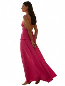 Conjunto coordinado para mujer de top con cuello halter y nudo frontal + falda larga, tela de gasa con espalda abierta, ideal para look casual y fiestas en verano - Rosa Fucsia - Ver 4