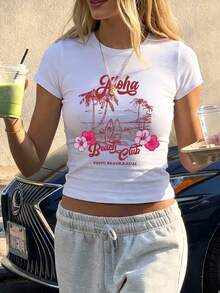 1 chiếc áo thun nữ cổ tròn tay ngắn dáng ôm thoải mái mùa hè, họa tiết cây cọ, ván lướt sóng, đường bờ biển, kiểu Anh, áo crop top phong cách Y2K, thích hợp cho mùa xuân, hè, đi biển, dạo phố, mặc hàng ngày, đi làm, tiệc văn phòng, đi chơi, lễ hội, lễ hội âm nhạc, ngày Valentine, tiệc tùng. Màu trắng. - trắng - Xem 7