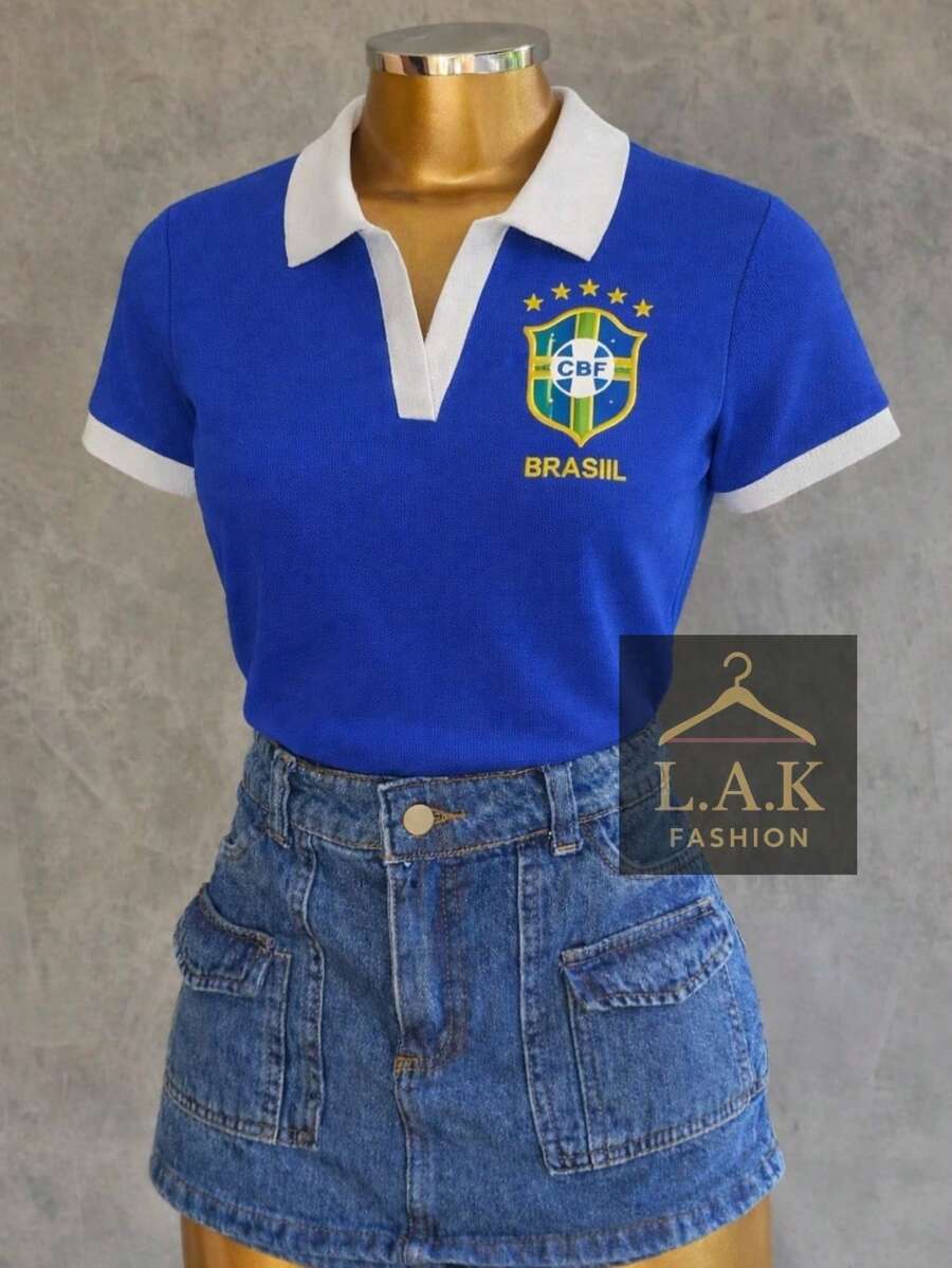 Women's Polo Shirt With Collar, Brazil Ribbed Knit, Retro Style, World Cup Theme. - 巴西藍 - 查看 1