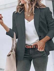 Plus Size Women's Fashion Elegant Lapel Single-Button Fitted Blazer, Long Sleeve OL Style Slim Fit Jacket, Autumn/Winter - Grey - View 4