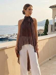 Womens Halter Neck Long Tops Summer Fashionable Dot Print Backless Going Out Vest - 巧克力色 - 查看 1