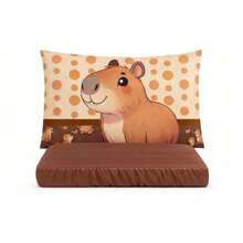 Kit 02 Pecas  Lencol Para Cama Solteiro Capivara Infantil Juvenil com fronha Personalizada Estampada - Capivara Marrom - Visão 2