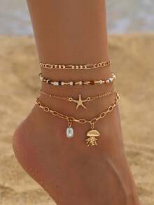 4pcs/Set Summer Beach Holiday Rice Bead Random Beaded Anklet, Starfish & Octopus Pendant Foot Jewelry, Suitable For Daily Wear And Beach Party - Multicolor - View 7