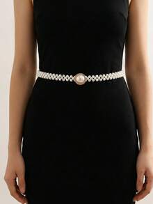 Women's Rhinestone Pearl Waist Chain Flower Buckle Belt Elegant Dress Decoration For Wedding And Party - E - 查看 2