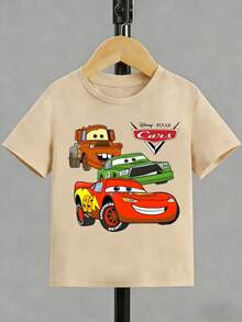 Disney Background Cars Lightning McQueen Mater And Ramone Print Kids' Short Sleeve T-Shirt - Playful And Cute Racing Style Top - 杏色 - 查看 5