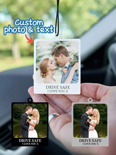 1pc Custom Personalised Photo Car Ornament, Car Photo Acrylic Tag, Hanging Car Photo Gift, Gift For Husband, Wife, Anniversary, Valentines,Custom Wedding Photo And Text Car Ornament-Drive I Love You X,Personalized Gifts,Wedding Items,Wedding Decorations