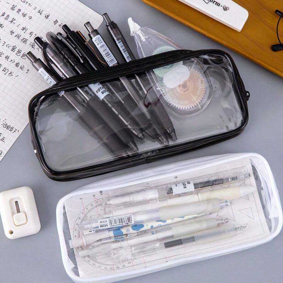 1pc Transparent Zipper Pencil Case, PVC Clear Stationery Bag, White/Black
