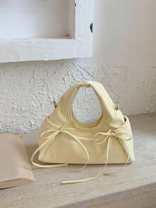 甜美风格新月形手提包，饰有蝴蝶结，多口袋设计，女士必备。Y2K芭蕾舞风格斜挎包，配有可调节肩带，是日常购物和休闲外出的理想之选。 - 黃色 - 查看 8