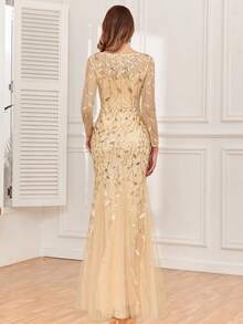 Đầm dạ hội dài tay phối sequin và lưới tương phản, dáng ôm thanh lịch mùa xuân/hè, chân váy đuôi cá màu vàng, đầm dự tiệc, đầm dành cho mẹ cô dâu, đầm dự đám cưới, đầm tốt nghiệp, đầm dự tiệc tối, đầm sinh nhật cho nữ. - Vàng - Xem 2