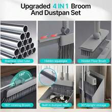 3-In-1 Magnetic Broom With Dustpan Combo Set, Broom And Dustpan Set With Silicone Broom, Upright Standing Dustpan Self-Cleaning Teeth For Home, Kitchen, Office, Hall Floor, Pet Hair - Chổi đa năng 4 trong 1 màu xám: chổi + hốt rác + chổi quét sàn + gạt nước - Xem 8