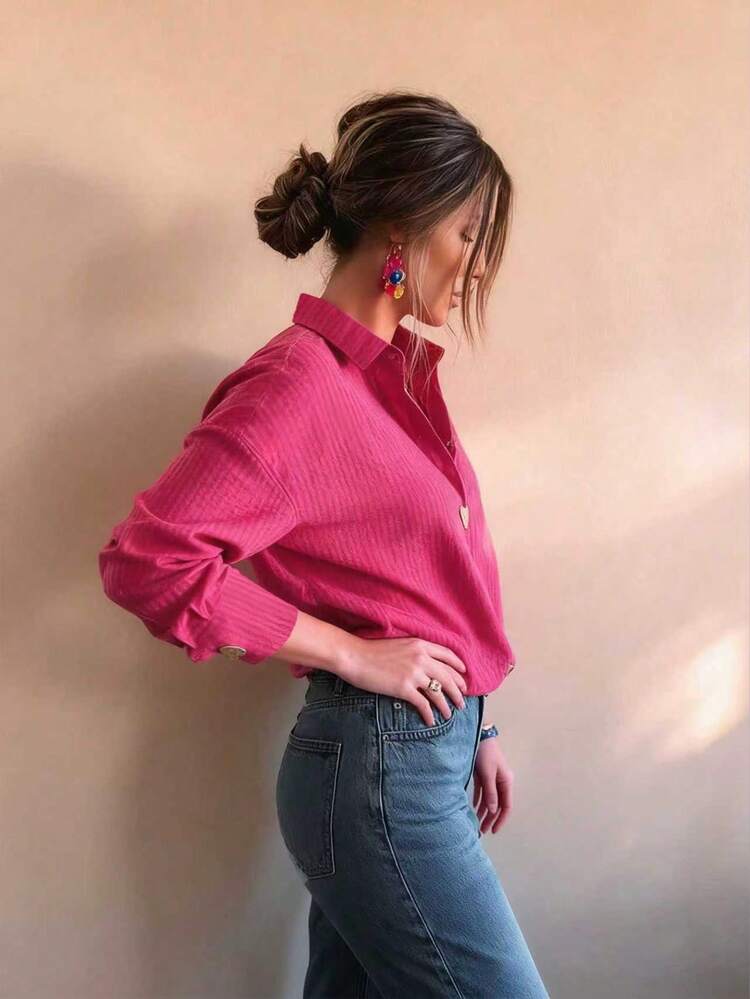 Camisa de mujer talla grande elegante y casual de rayas rosas con botones metálicos con forma de corazón, abrigo casual de otoño/invierno, casual de negocios - Rosa Fucsia - Añade 4