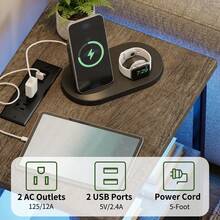Tomnk 1 pieza Mesa de noche con estación de carga, mesa de noche LED con puertos USB y enchufes, 2 cajones de almacenamiento de tela con acabado de PU, mesa auxiliar para dormitorio, sala de estar, negro/blanco - Tipo de Enchufe B USA (110-127V) - Ver 10