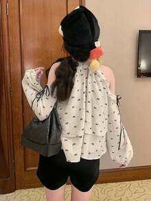 Loose Butterfly Print Off-Shoulder Blouse, Feminine Chic Long Sleeve Top - Apricot - View 3