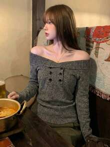[Y6Y] Women's Spring Elegant Off-Shoulder Knit Sweater, Long Sleeve Fitted Style Versatile Pullover Top - Coffee Gray - View 6