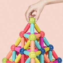 15-100件磁性积木套装，3D磁棒搭建挑战，蒙特梭利几何拼图玩具，适合3-12岁男孩女孩，培养空间想象力，磁棒和磁球创意模型组合套装（颜色随机），生日礼物，学习用品，圣诞装饰 - 彩色 - 查看 9