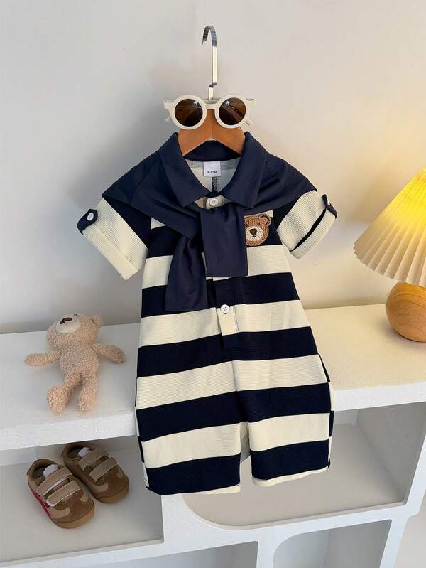2pcs Baby Boy Summer Casual Cute Navy Blue & Apricot Striped Lapel Short Sleeve Romper With Bear Embroidered Decor, Suitable For School, Street, And Daily Wear