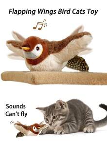 互动猫玩具，不会飞，拍打翅膀的小鸟造型，可拆卸毛绒玩具，USB充电，模拟鸣叫声，适合小猫玩耍。 - 棕色 - 查看 2