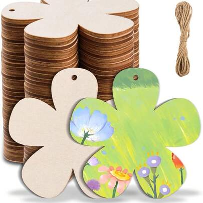 10pcs/20pcs Flower Shaped Wooden Pieces With Ropes, Blank Flower Shaped Wooden Accessories, DIY Flower Decorations, Wooden Strips For Decoration Projects