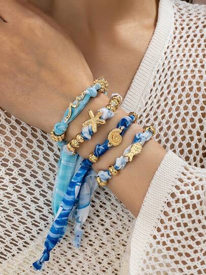 1 Pc Bohemia Boho Style Fabric Bracelet With Sealife Charms, Sea Elements Beach Wave Starfish Fish Bracelets, Vacation Jewelry Accessories