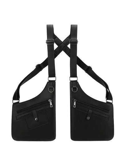 2026 New Men's Suspender Vest Tactical Bag, Y2K Style Street Chest Bag For Men And Women, Multi-Layer Pocket Structure, Adjustable Imitation Leather Cross-Body Functional Bag, Multi-Functional Sports Bag, Music Festival Carnival Popular Waist Bag With Pockets