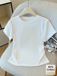 New Spring/Summer White Cropped Short Sleeve T-Shirt, Drawstring Design, Flattering, Stylish Women Top Casual - White - View 3
