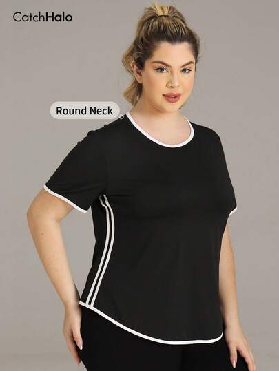 Plus Size Women's Black T-Shirt With White Contrast Trim & Side Stripes, Casual Workout Top For Gym & Daily Wear